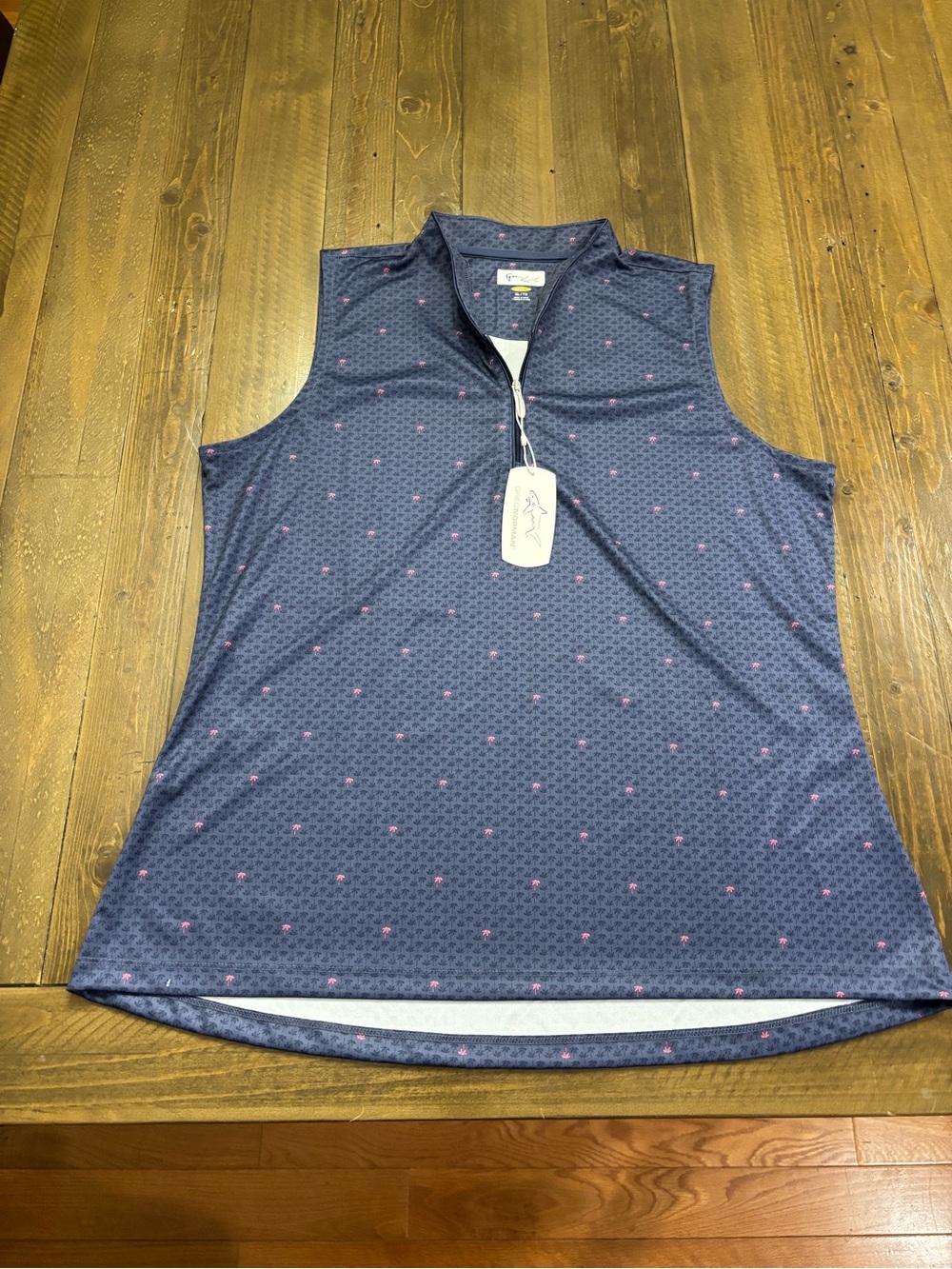 Greg Norman Collection Navy Sleeveless Polo Tank with Pink Palm Tree Accents